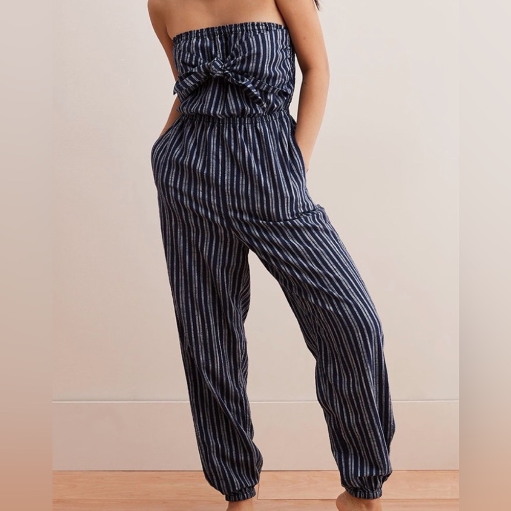 Aerie navy striped tie front jumpsuit, medium